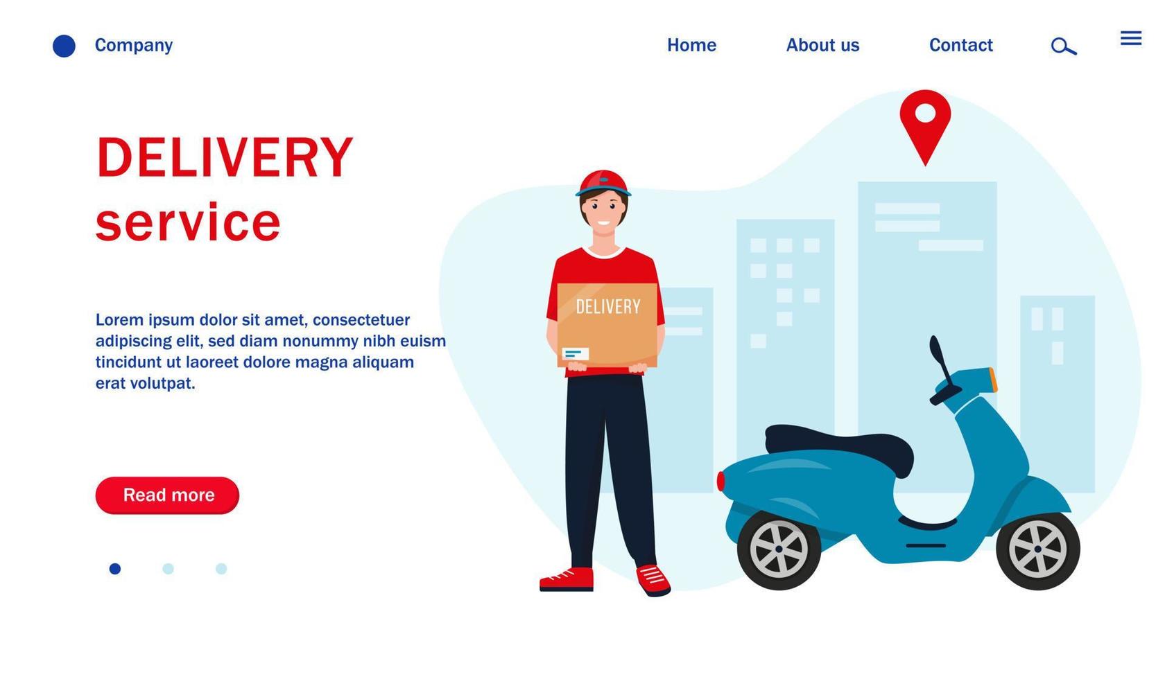 Web page template with delivery man with scooter in the city. Fast delivery concept vector illustration.