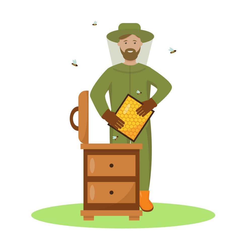 Beekeeper wearing protection suit with honeycombs and flying bees on white background. Beekeeping hobby summer concept. vector