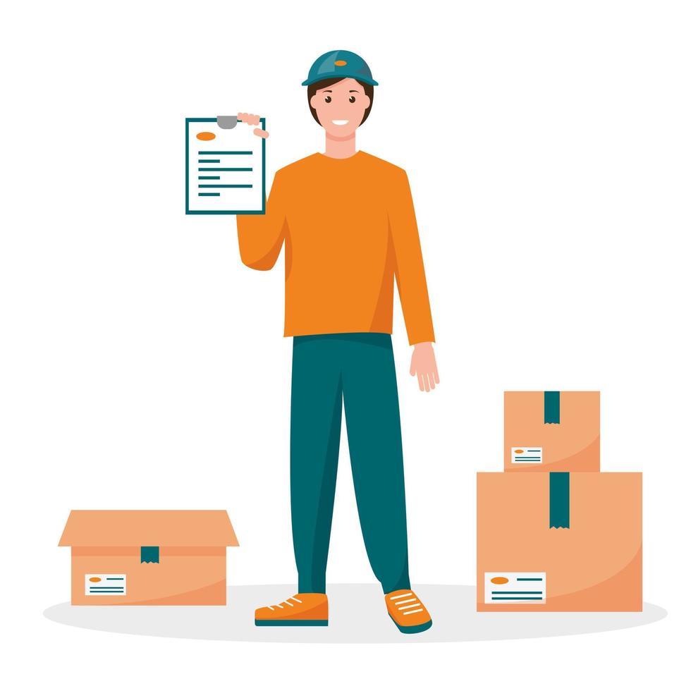 Delivery courier man with order and cardboard boxes. Devivery service concept flat vector illustration.