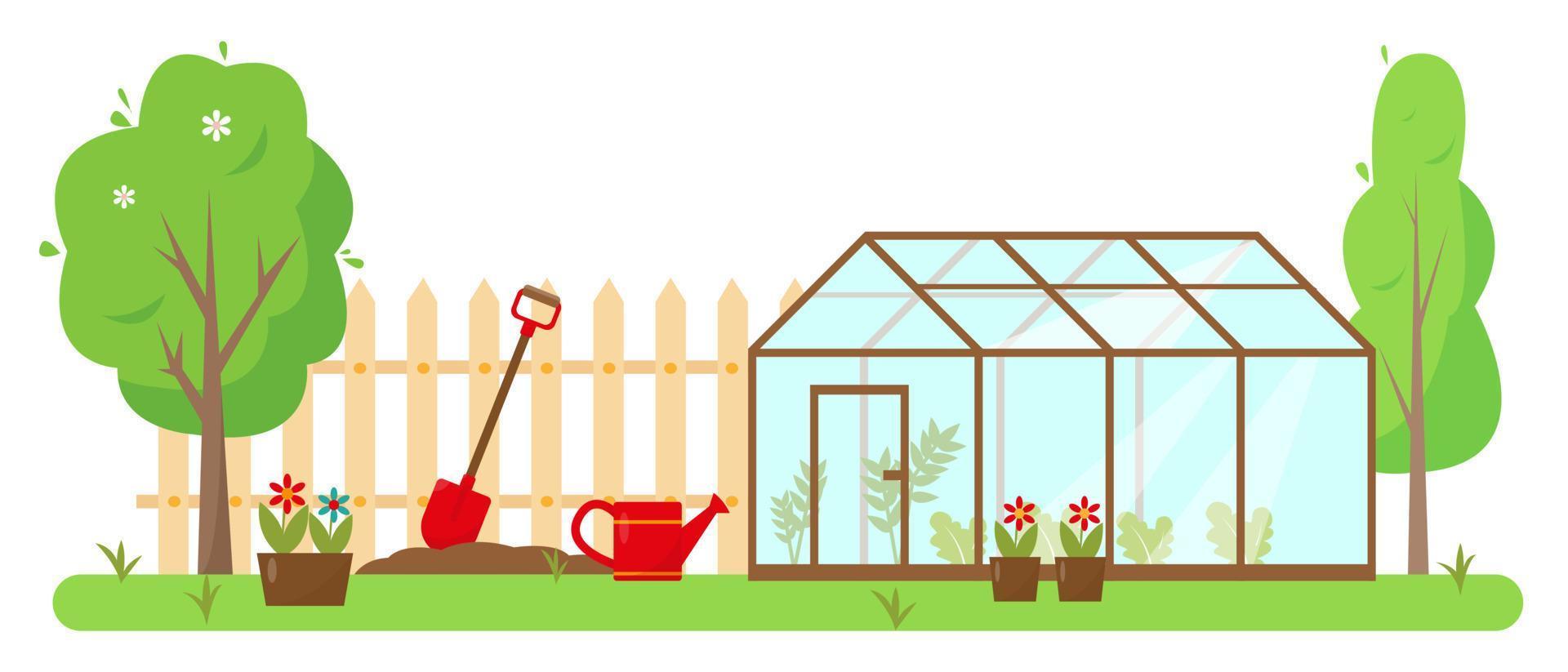 Greenhouse, gardening tools and trees in garden. Spring or summer banner, concept or background vector illustration.