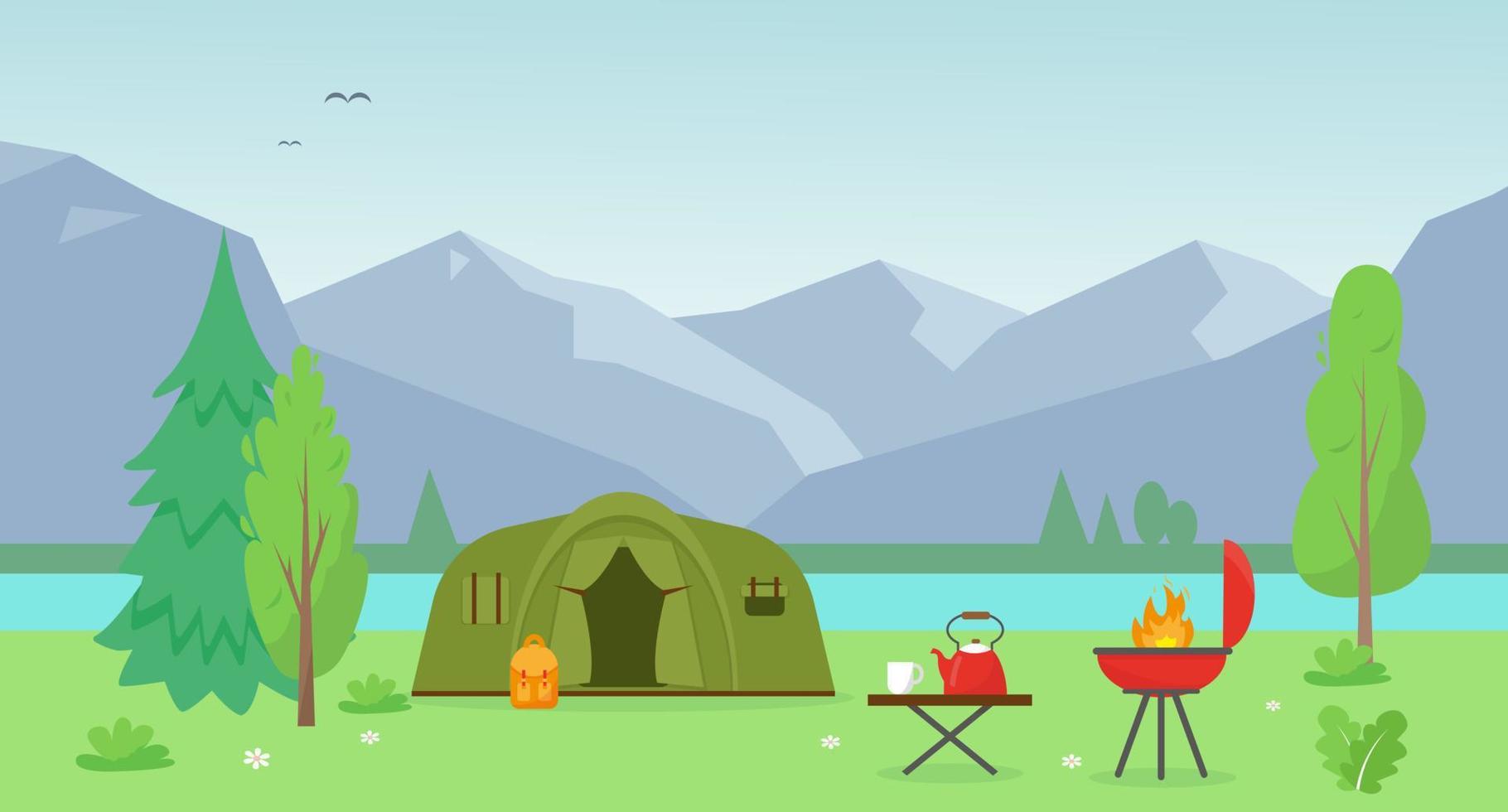 Camping tent near the lake and mountains. Summer or spring landscape. Time to travel concept. Vector background illustration.