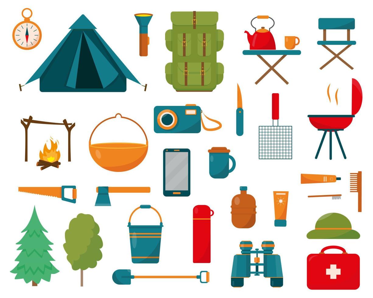 Camping and hiking equipment set on white background. Big collection of elements or icons for camping concept design. Vector illustration.