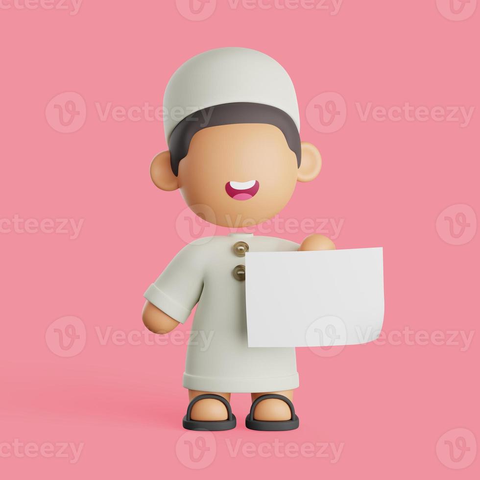 3D Render of a Muslim Character Wearing a Traditional Cap and Robe Holding Blank Paper. photo