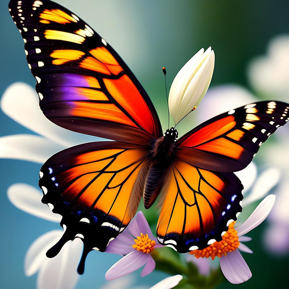 yellow and  orange color butterfly with white flower and purple flower photo