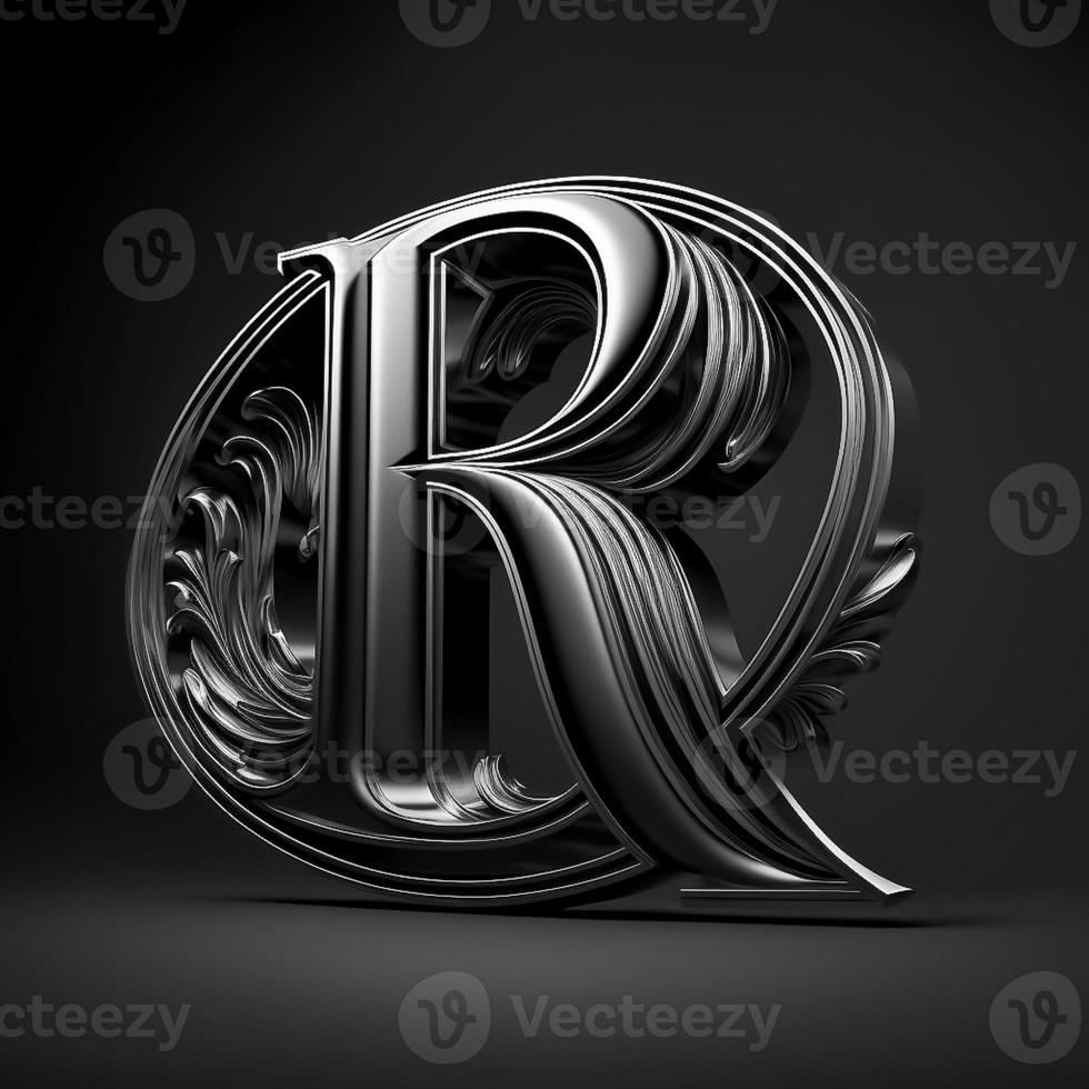 Logo for the letter R with a modern classic style ,3d alphabet on black background photo