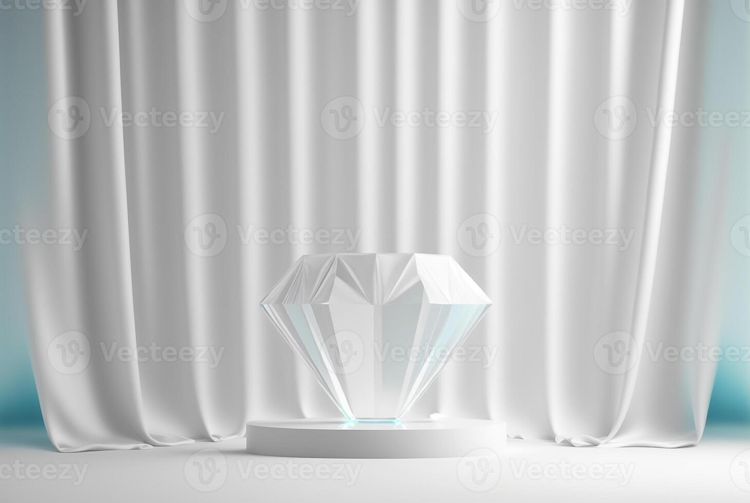 Photo podium glass diamond with glossy curtain luxury white background,3d product display