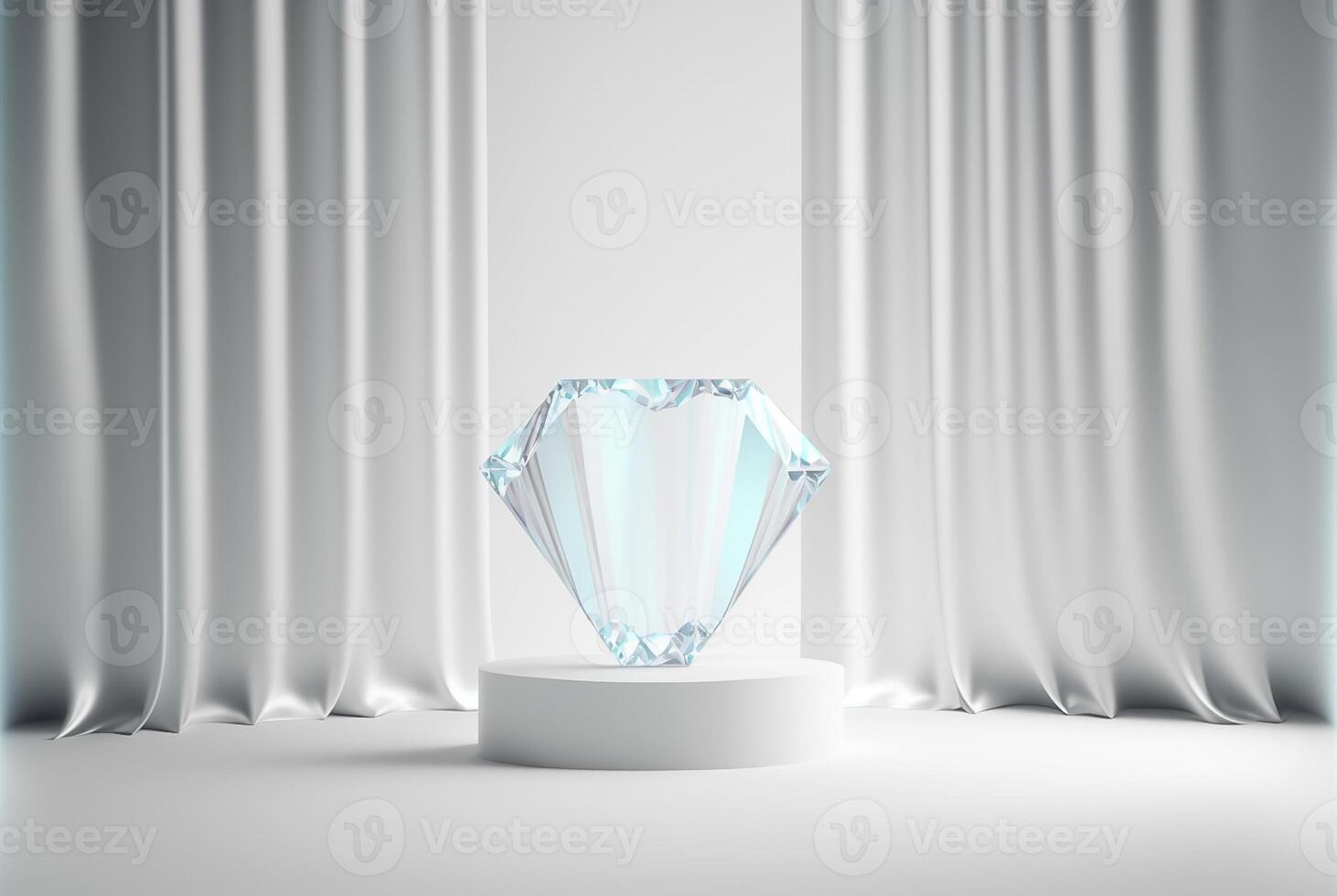 Photo podium glass diamond with glossy curtain luxury white background,3d product display