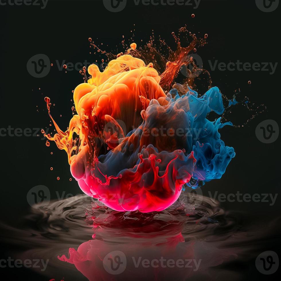 Ink dropped in water, translucent, colorful exploding fireball on black background photo