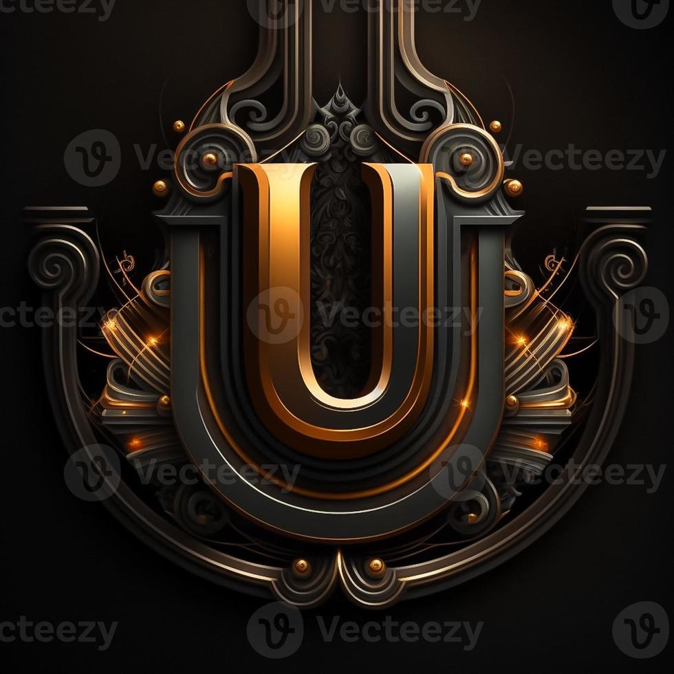 Logo for the letter U with a modern classic style ,3d alphabet on black background photo