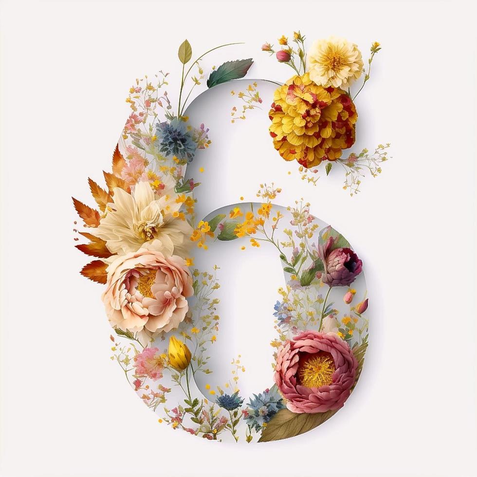 Number 6 containing flowers on a white background photo