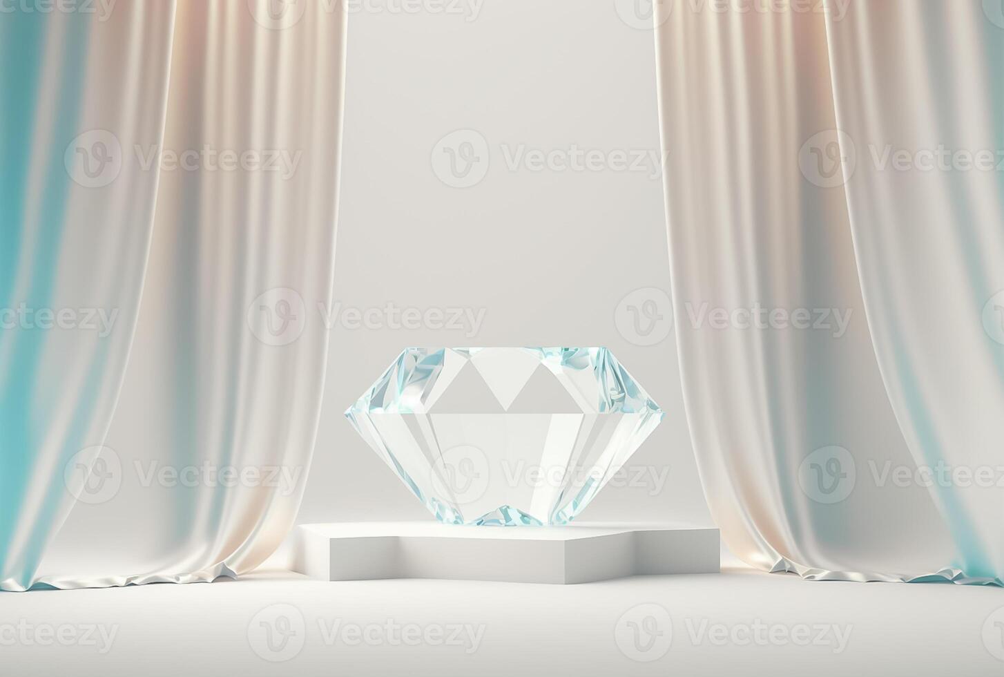 Photo podium glass diamond with glossy curtain luxury white background,3d product display