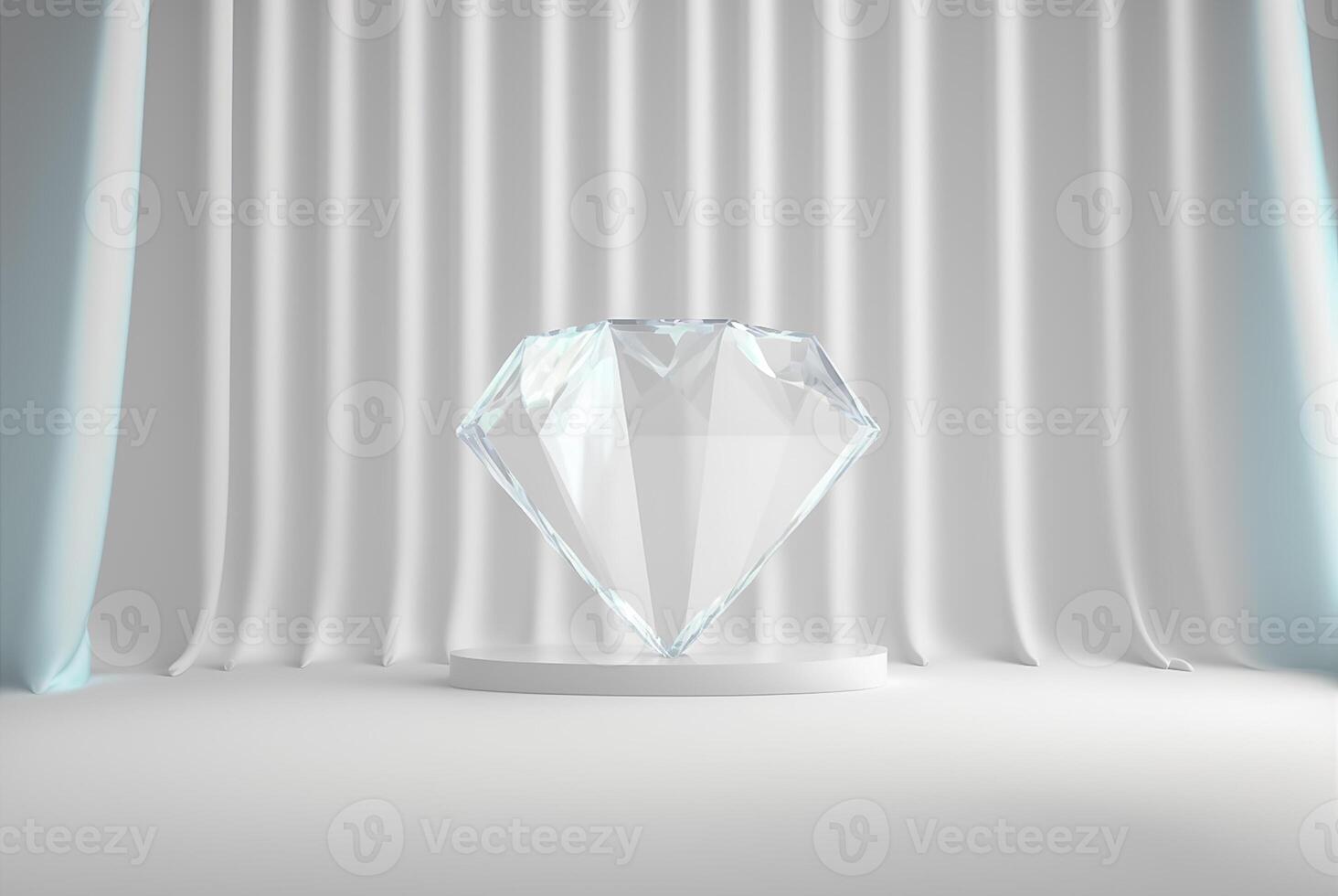 Photo podium glass diamond with glossy curtain luxury white background,3d product display