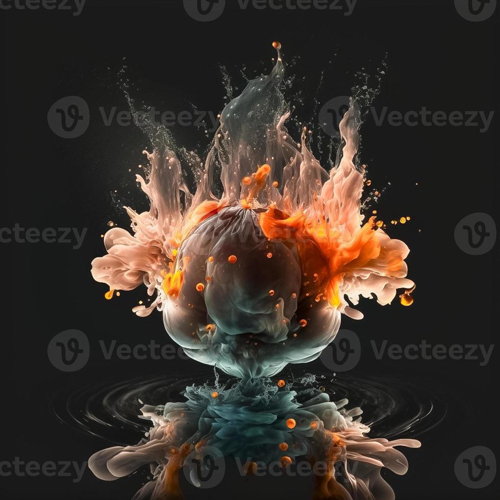 Ink dropped in water, translucent, colorful exploding fireball on black background photo