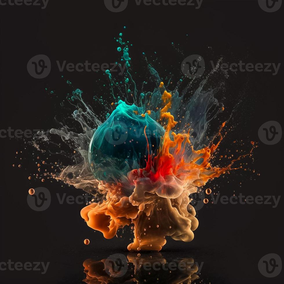 Ink dropped in water, translucent, colorful exploding fireball on black background photo