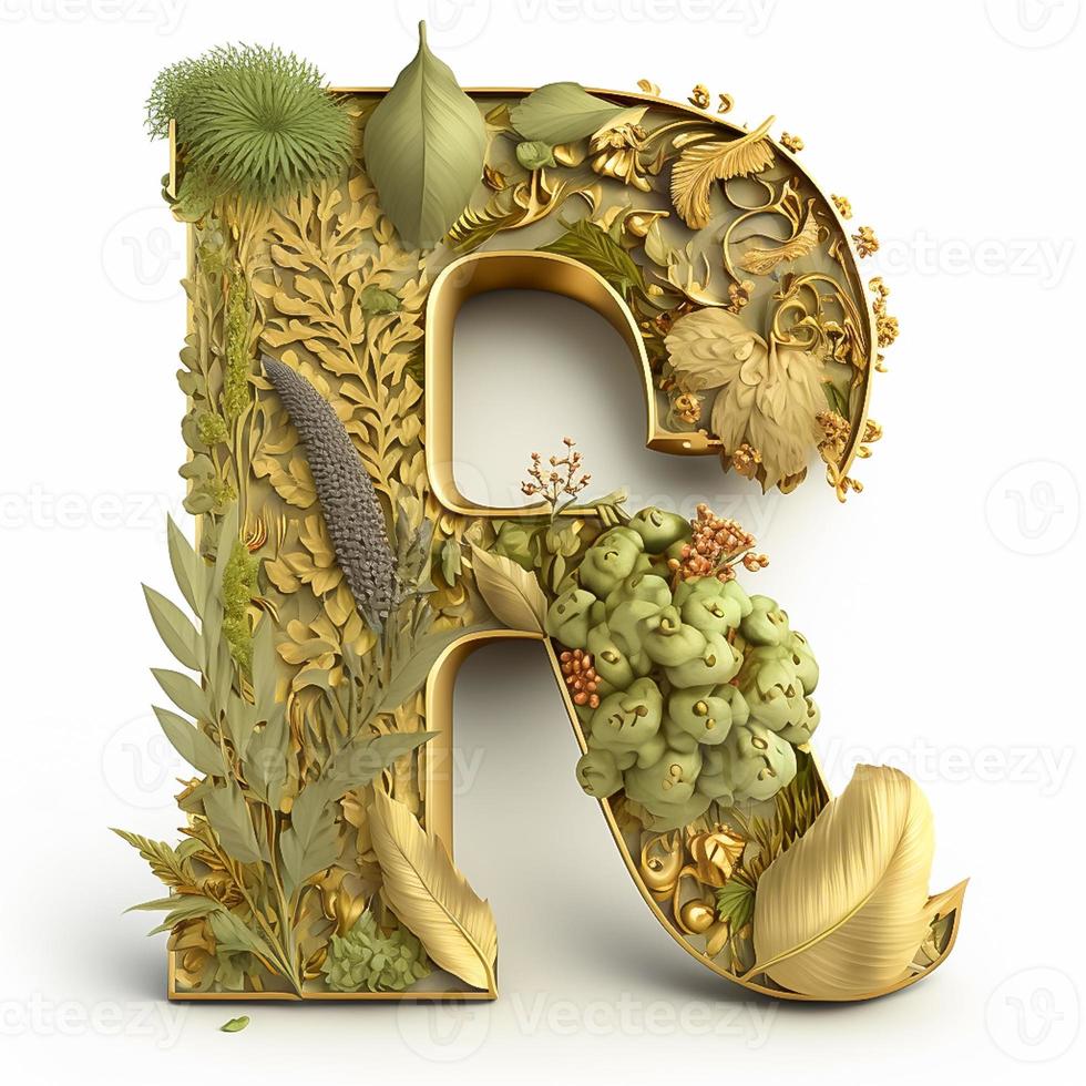 letra r hecho de 3d dorado decorado con plantas foto