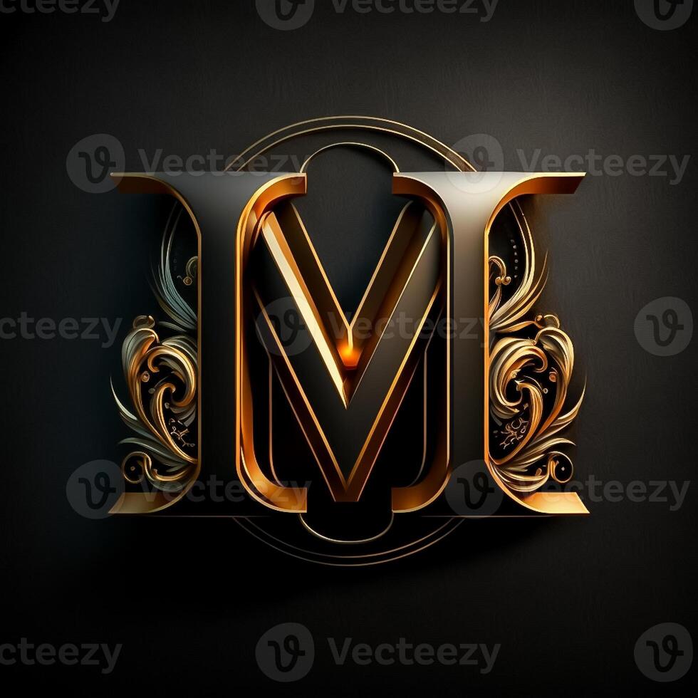 Logo for the letter M with a modern classic style ,3d alphabet on black background photo