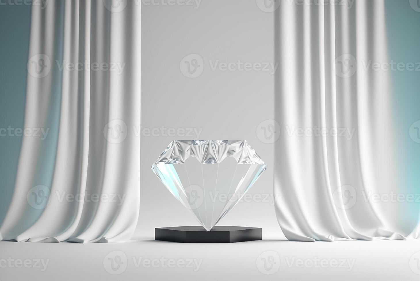Photo podium glass diamond with glossy curtain luxury white background,3d product display