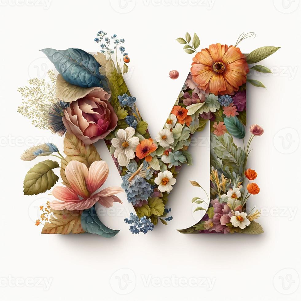 letter M containing flowers on a white background photo