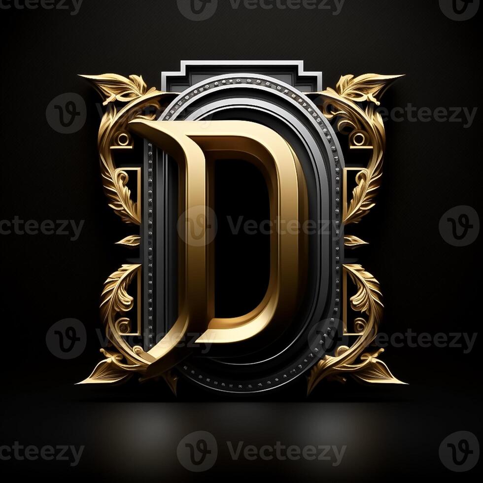 Logo for the letter D with a modern classic style ,3d alphabet on black background photo