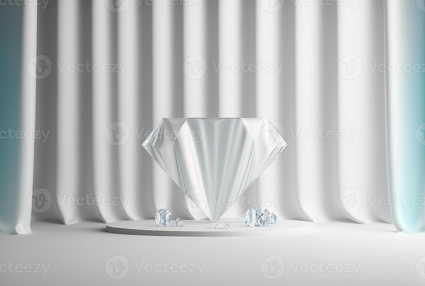 Photo podium glass diamond with glossy curtain luxury white background,3d product display