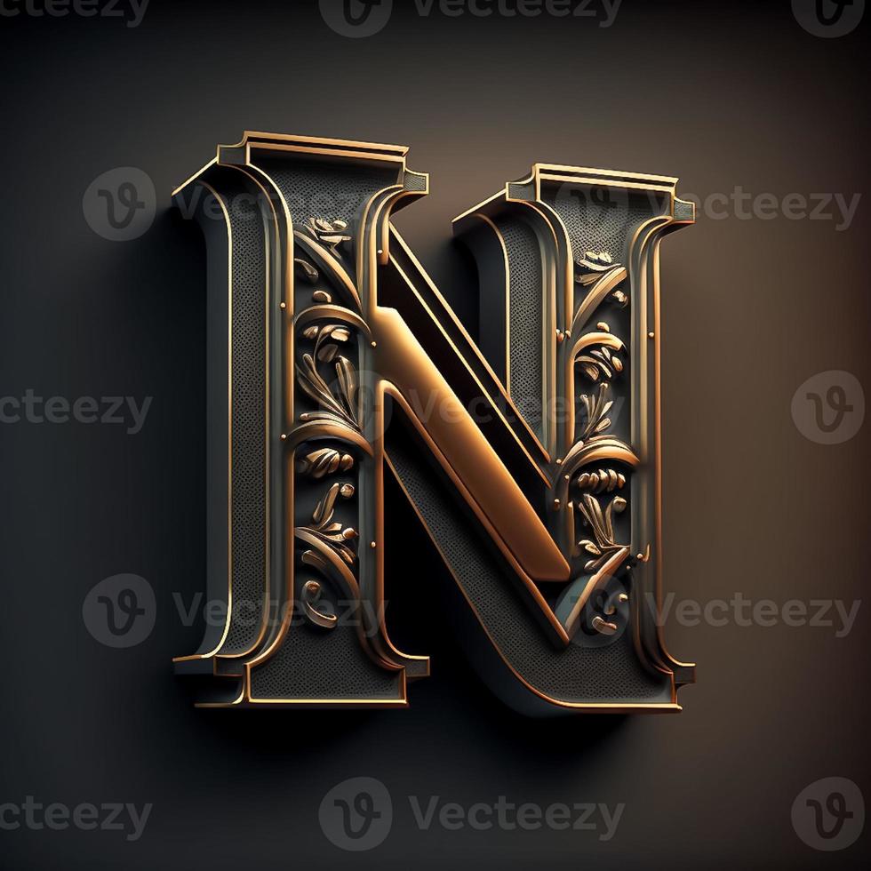 Logo for the letter N with a modern classic style ,3d alphabet on black background photo