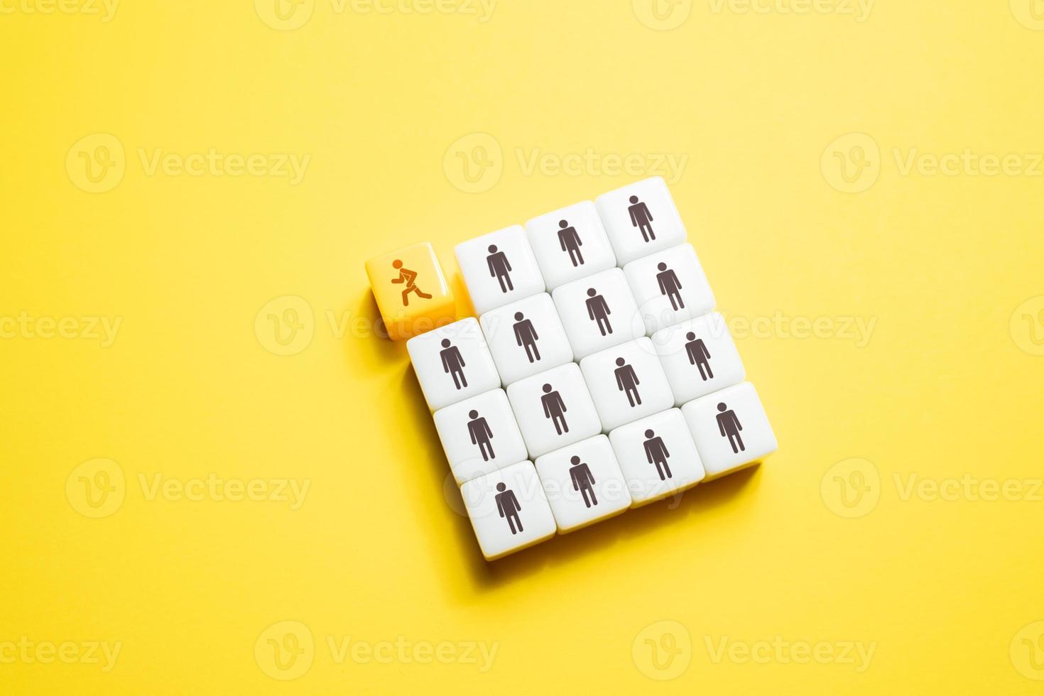 The man leaves the team and runs away. Quit. Dismissal of an incompetent employee. Refuse to participate, low morale. Exit project. Nonconformist. Stop being part of the group. Get out into the open. photo