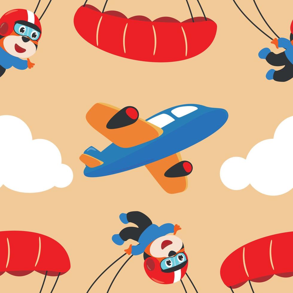 Seamless pattern vector with skydiver tiger, parachute and planes. Design concept for kids textile print, nursery wallpaper, wrapping paper. Cute funny background.