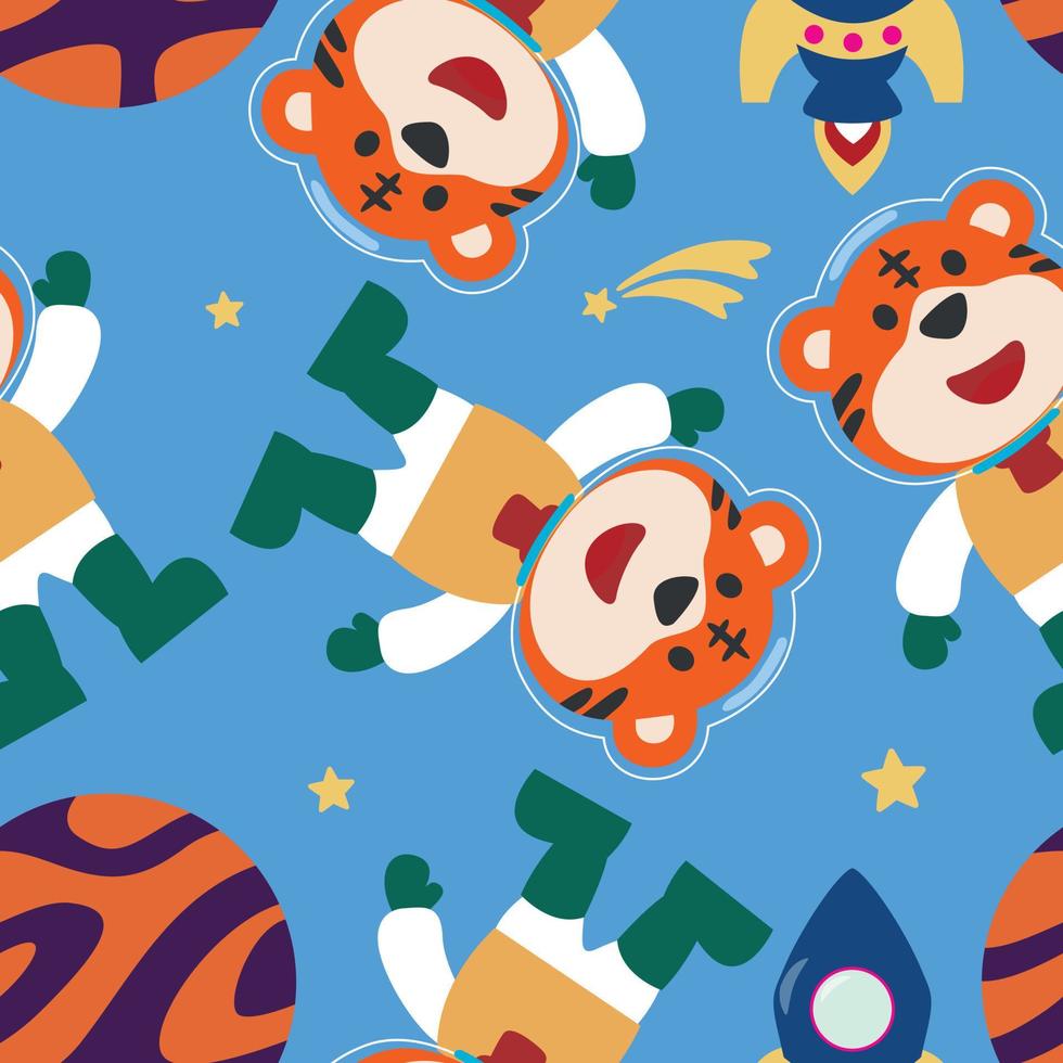 Vector seamless pattern with cute  little animal astronaut, rocket and stars. Creative vector background for fabric, textile, nursery wallpaper, poster, brochure Vector illustration background