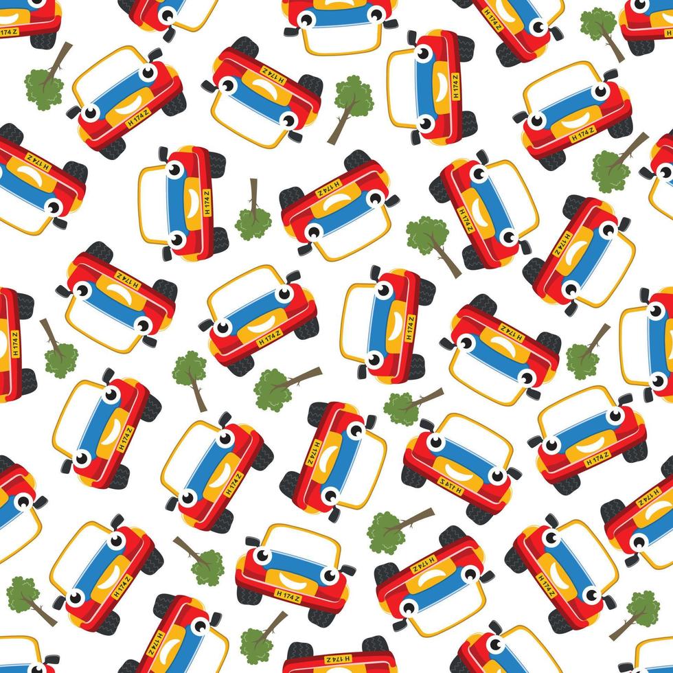 Seamless pattern vector of cute little off road car. Creative vector childish background for fabric textile, nursery background, baby clothes, poster, wrapping paper and other decoration.