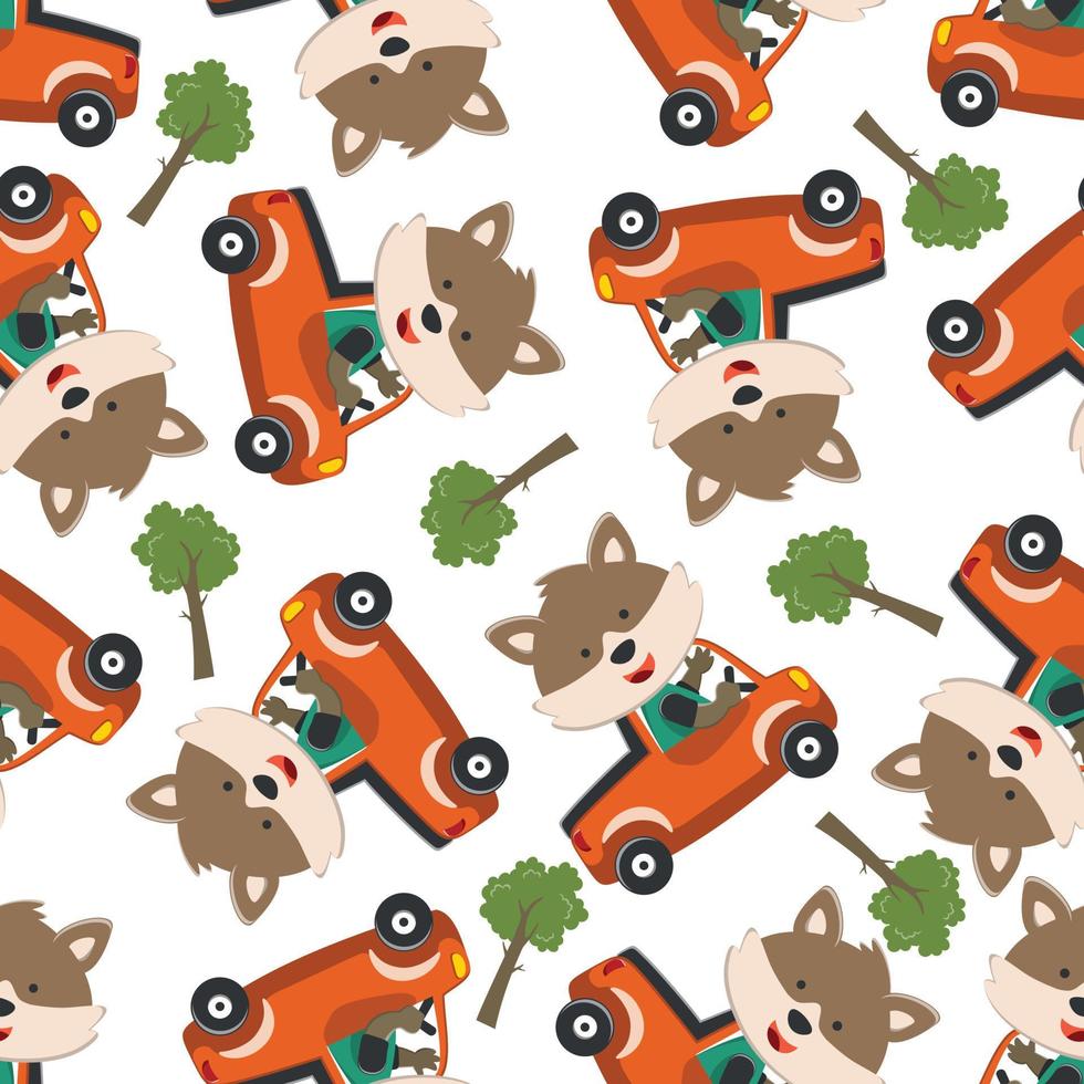 Seamless pattern of cute little animal driving a car go to forest funny animal cartoon,vector illustration. Vector illustration. T-Shirt Design for children. Design elements for kids.