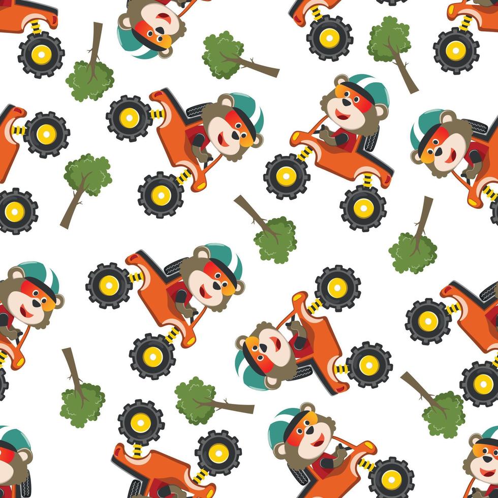 Seamless pattern vector of monster truck with animal driver. Creative vector childish background for fabric textile, nursery background, baby clothes, poster, wrapping paper and other decoration.