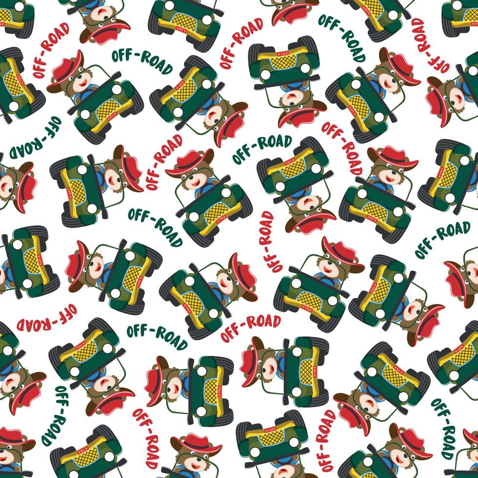 Seamless pattern of cute little animal driving a car go to forest funny animal cartoon,vector illustration. Vector illustration. T-Shirt Design for children. Design elements for kids.