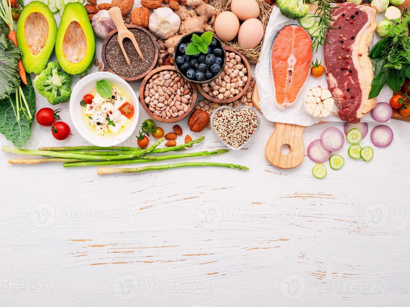 Ketogenic low carbs diet concept. Ingredients for healthy foods selection set up on white wooden background. photo