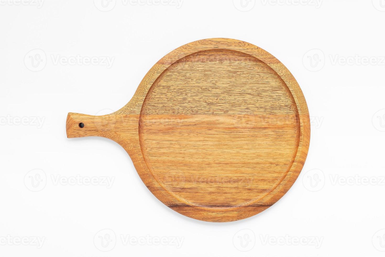 Empty wooden pizza platter set up on isolated on white background. Pizza tray on  on white background flat lay and copy space. photo