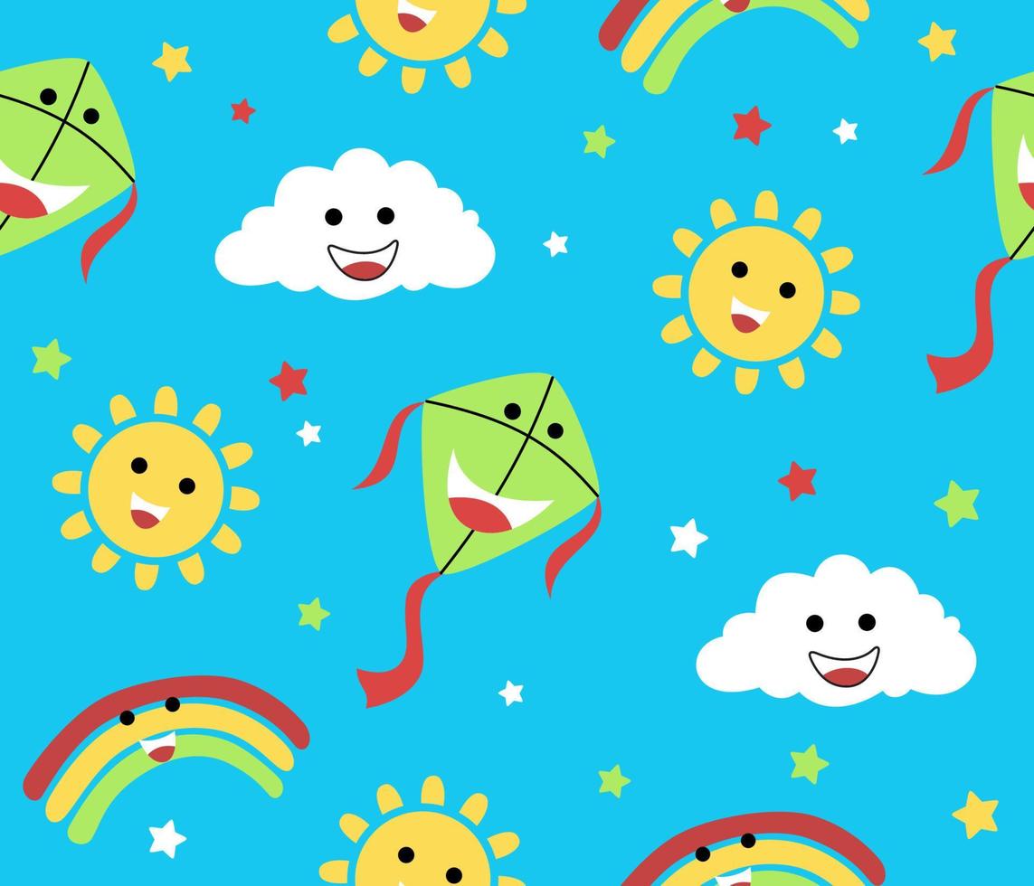 vector seamless pattern of smiling sky objects cartoon with funny kite