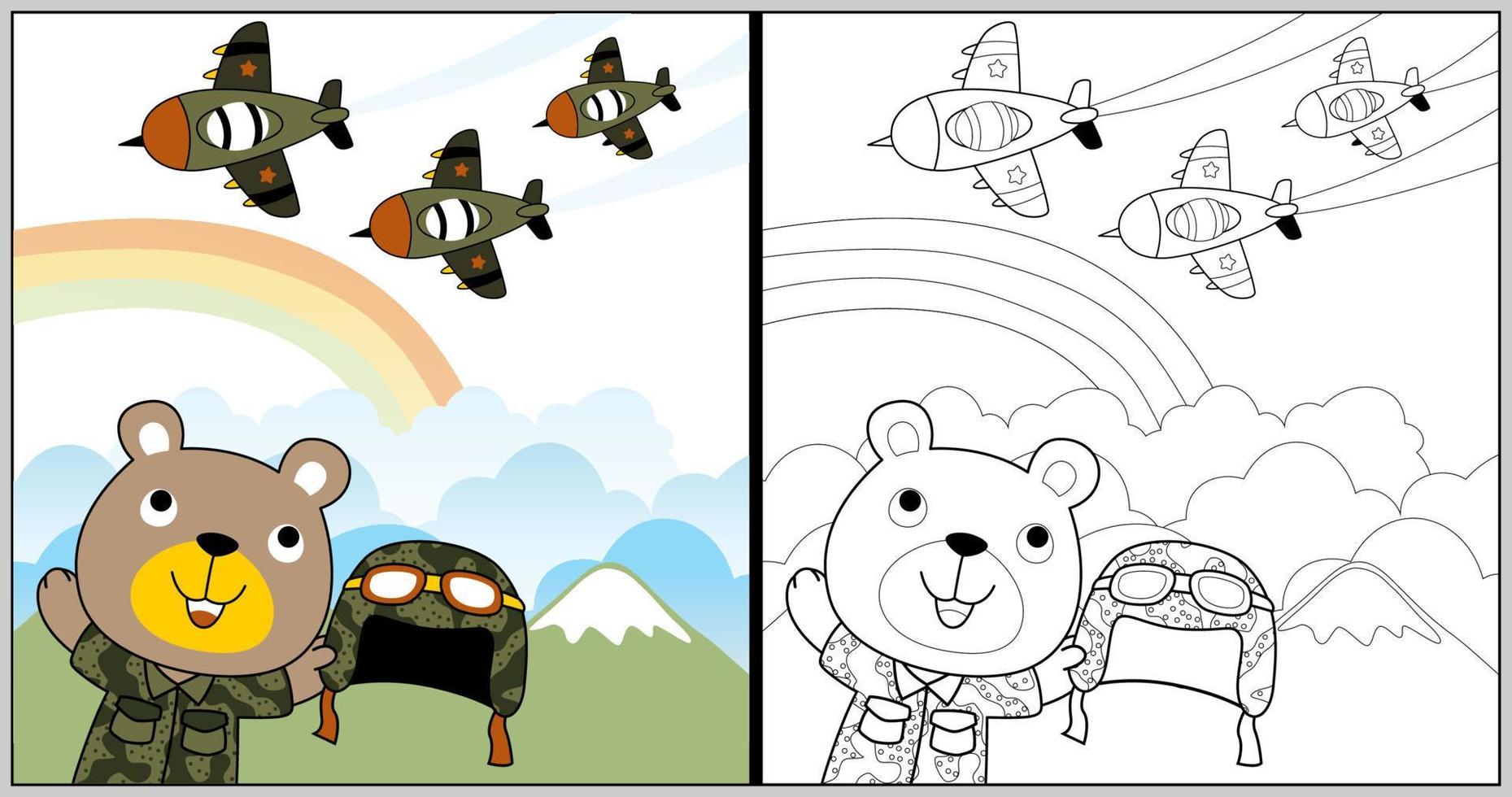 vector dibujos animados de combatiente chorro con gracioso oso soldado en arco iris fondo, colorante libro o página