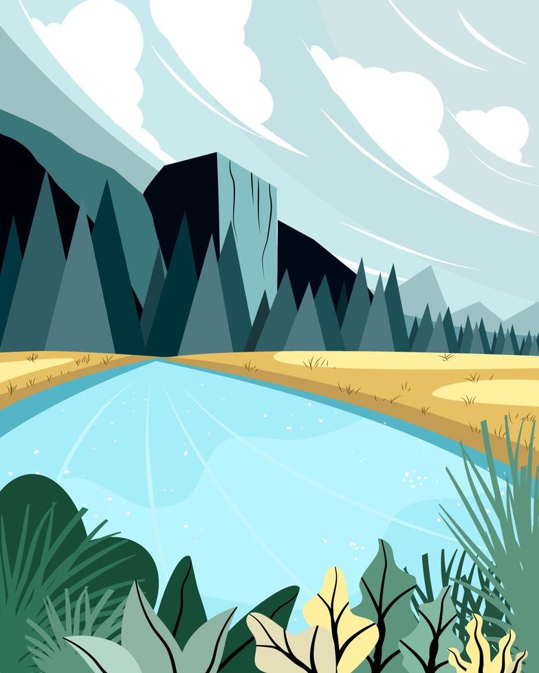 bosque en Roca montaña río paisaje antecedentes vector. hermosa y brillante naturaleza estilo. vector