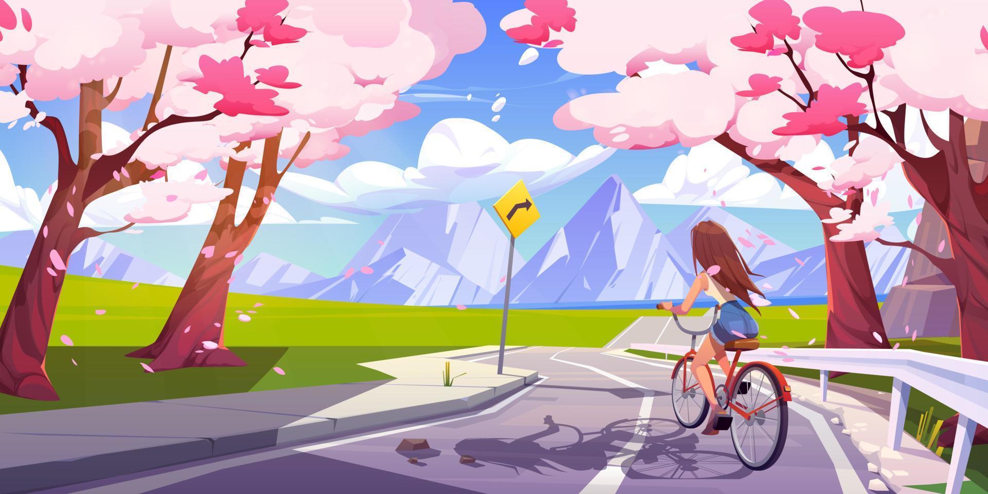 Girl ride bicycle on road, falling sakura petals vector