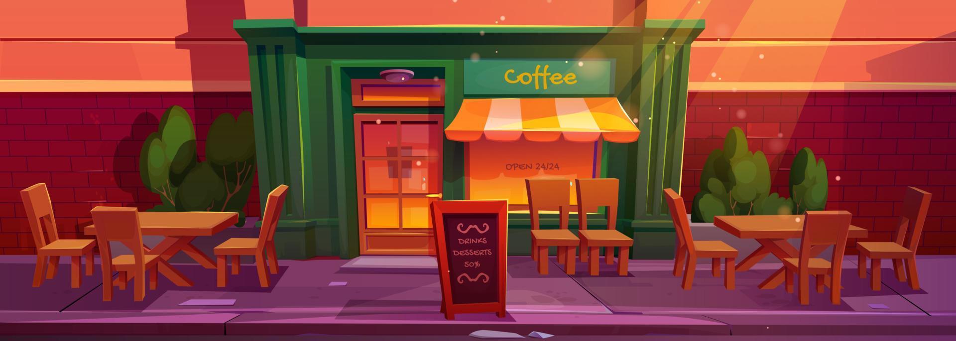 café exterior con mesa y silla fuera de dibujos animados vector