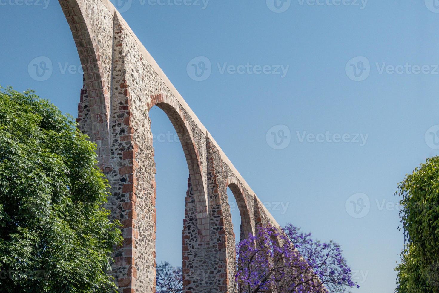 Queretaro Mexico aqueduct with jacaranda tree and purple flowers photo