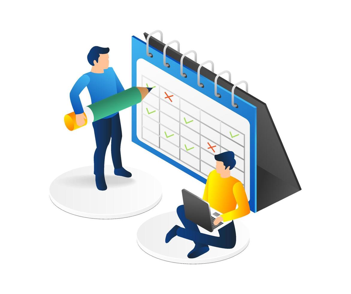 isométrica plano 3d ilustración concepto de equipo es firmar negocio plan calendario vector