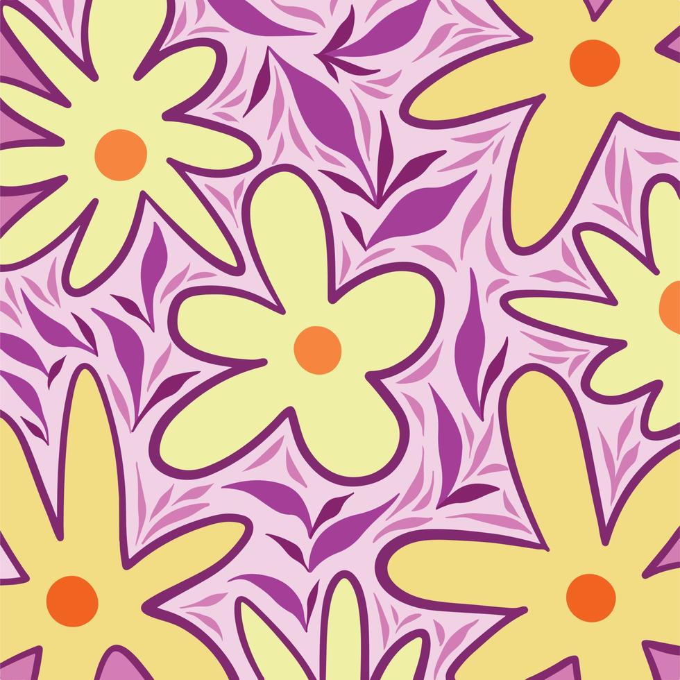 Cute floral background isolated on square pink wallpaper template. Cartoon yellow flowers pattern with pink leaves decorations. Playful simple flat art styled backdrop for scarf or paper textile print vector