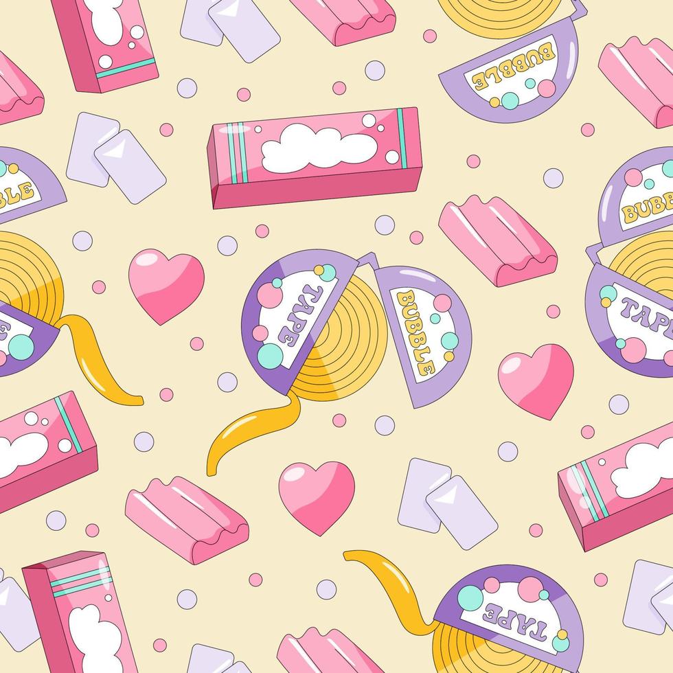 Seamless pattern with bubble gum, rolls, box and heart on a beige background. Trendy 90s style vector illustration.