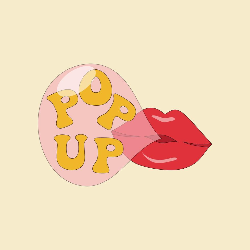 Woman lips with pop balloon. Bubble gum with lettering Pop up in vibrant colors. Isolated vector. vector