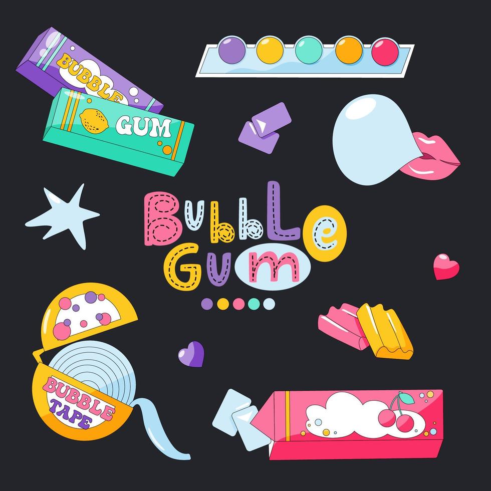 vistoso burbuja goma conjunto en 90s estilo. diferente masticación chicle, rollo, cinta, almohadillas, pelotas en un negro antecedentes. vector