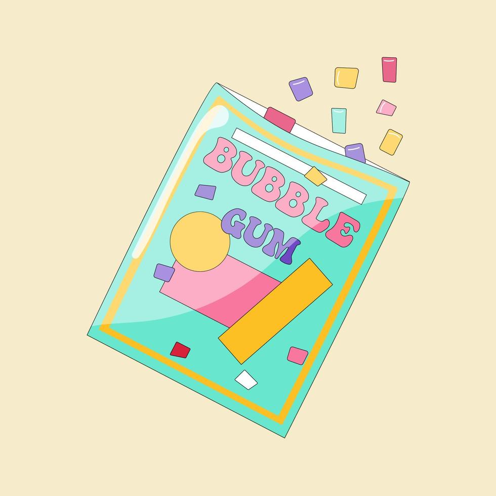 Colourful gum pads box package. Classic 80s or 90s trendy style vector illustration.