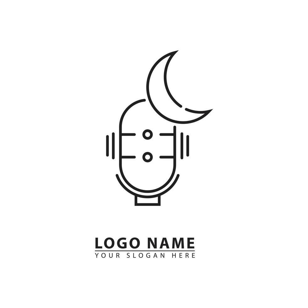 podcast mic y creciente Luna vector logo icono.