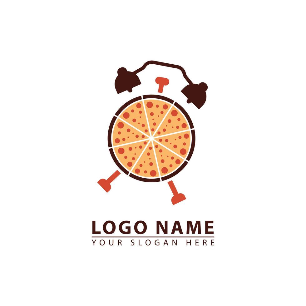 Pizza y alarma reloj vector logo icono.