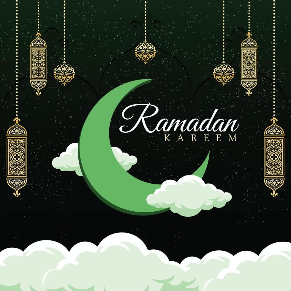 Ramadan Kareem vector Banner or poster with golden lantern and cloud ornament, suitable for celebrating Ramadan events.