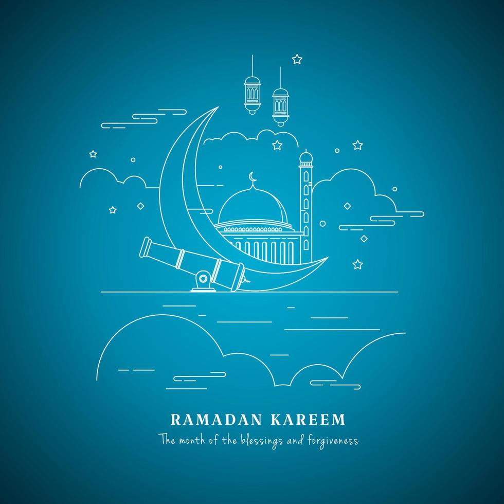 línea Arte Ramadán kareem con oscuro azul antecedentes vector